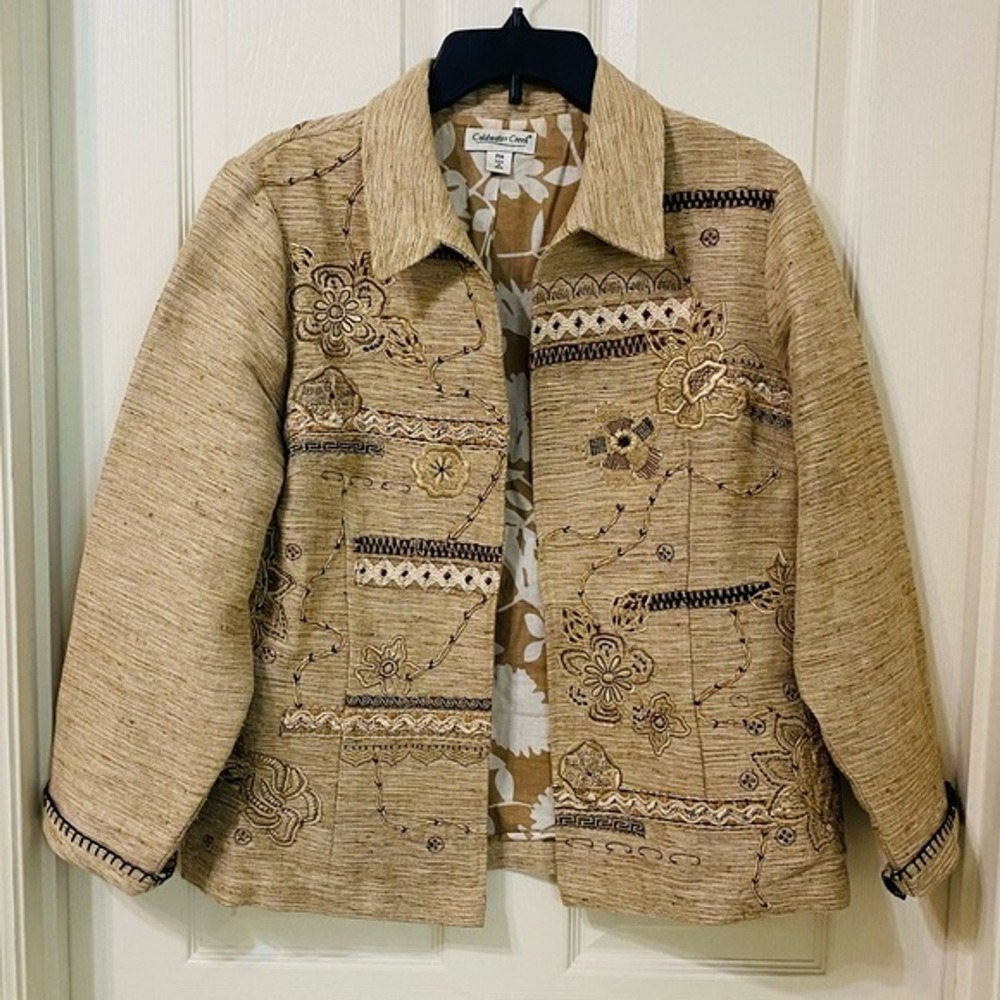 Coldwater‎ Creek Size PM Linen Embroidered Floral Beige Button Down Lined Jacket